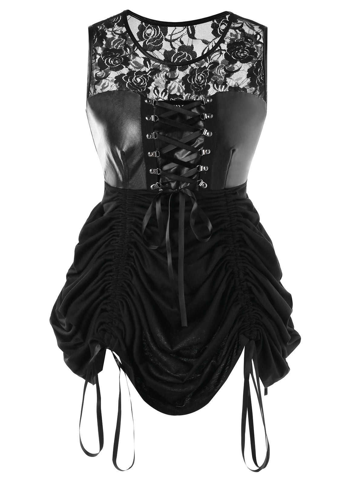 

Sleeveless Sheer Lace Up Adjustable Length Top, Black