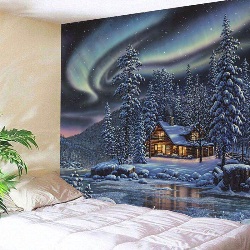 

Snowy Trees Cabin River Aurora Printed Wall Hanging Tapestry, Colormix