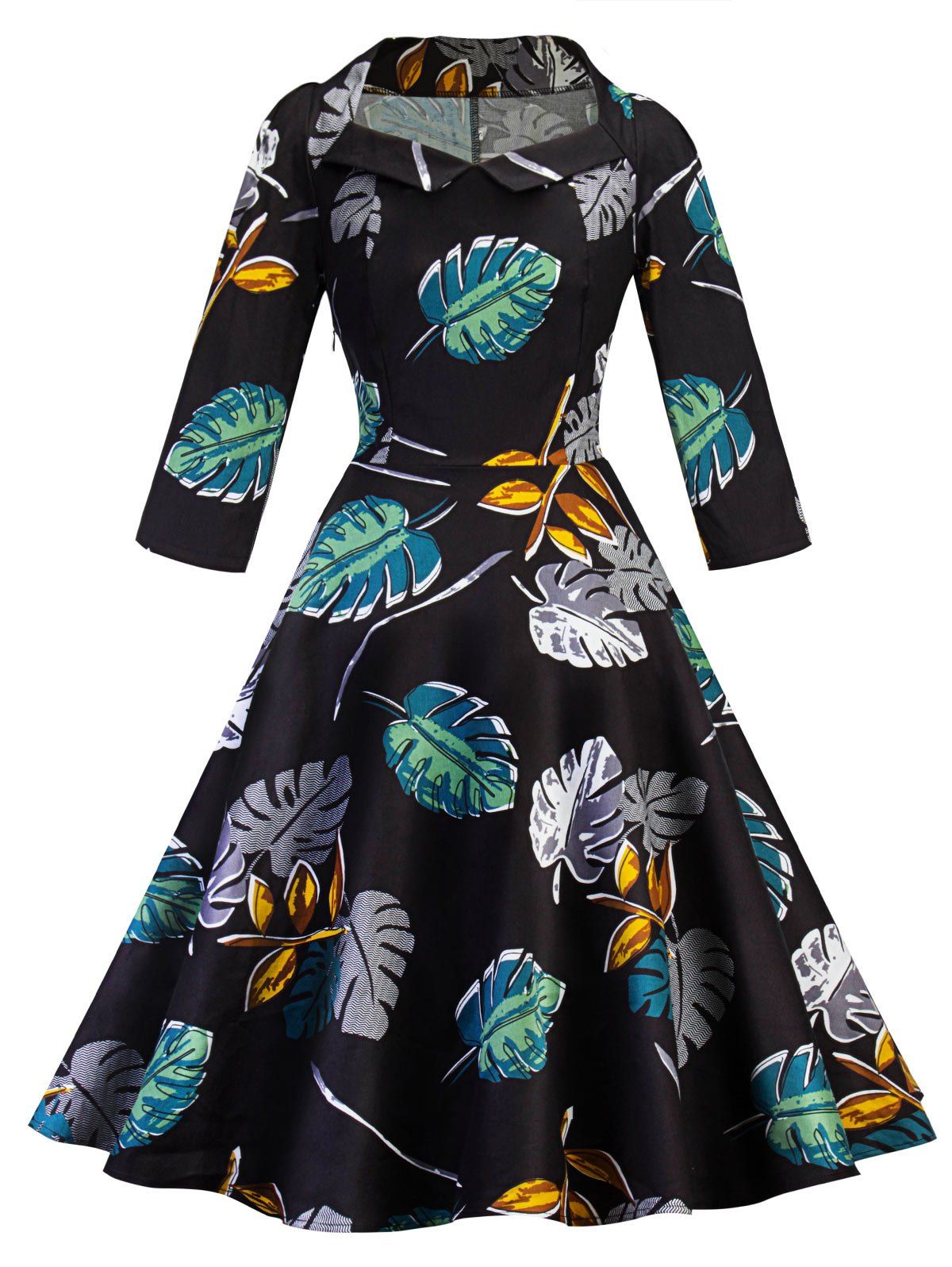 

Vintage Leaves Print Pin Up Party Dress, Black