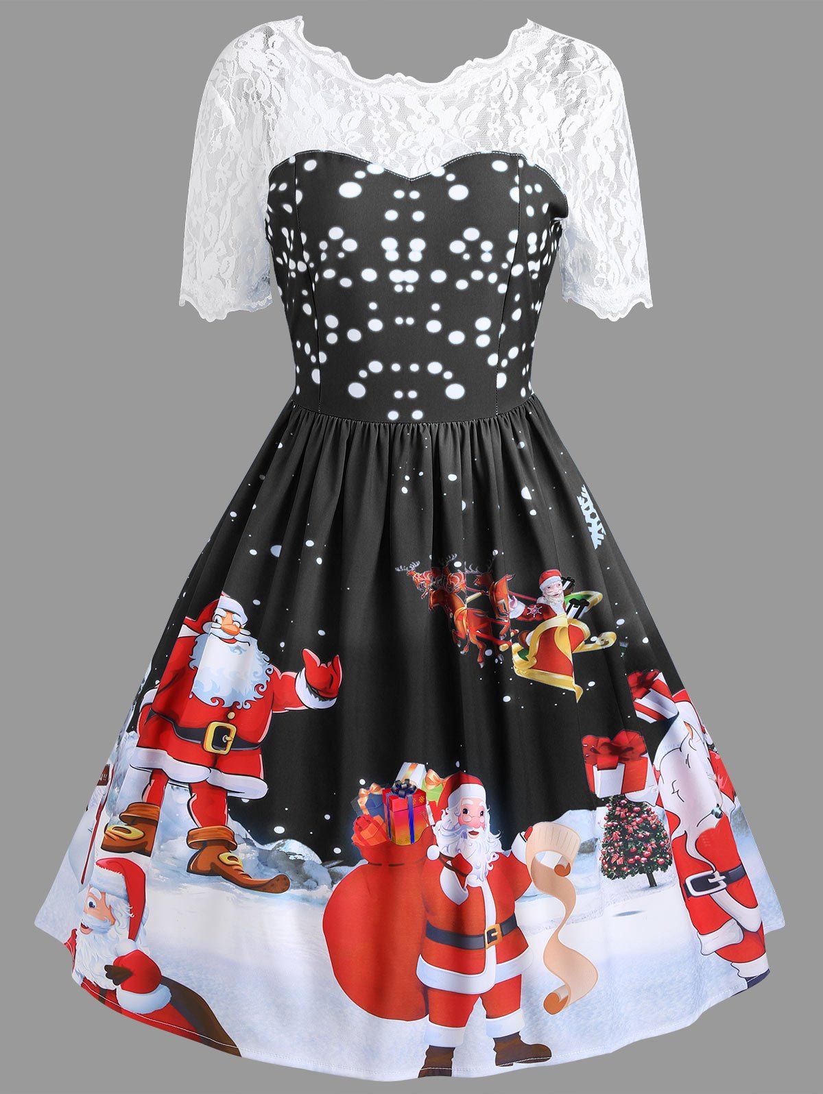 

Vintage Lace Insert Santa Claus Print Christmas Dress, Black