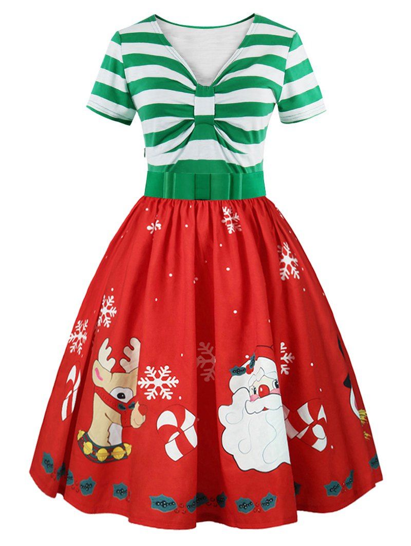 

Christmas Print Short Sleeve Belted Vintage Dress, Light green