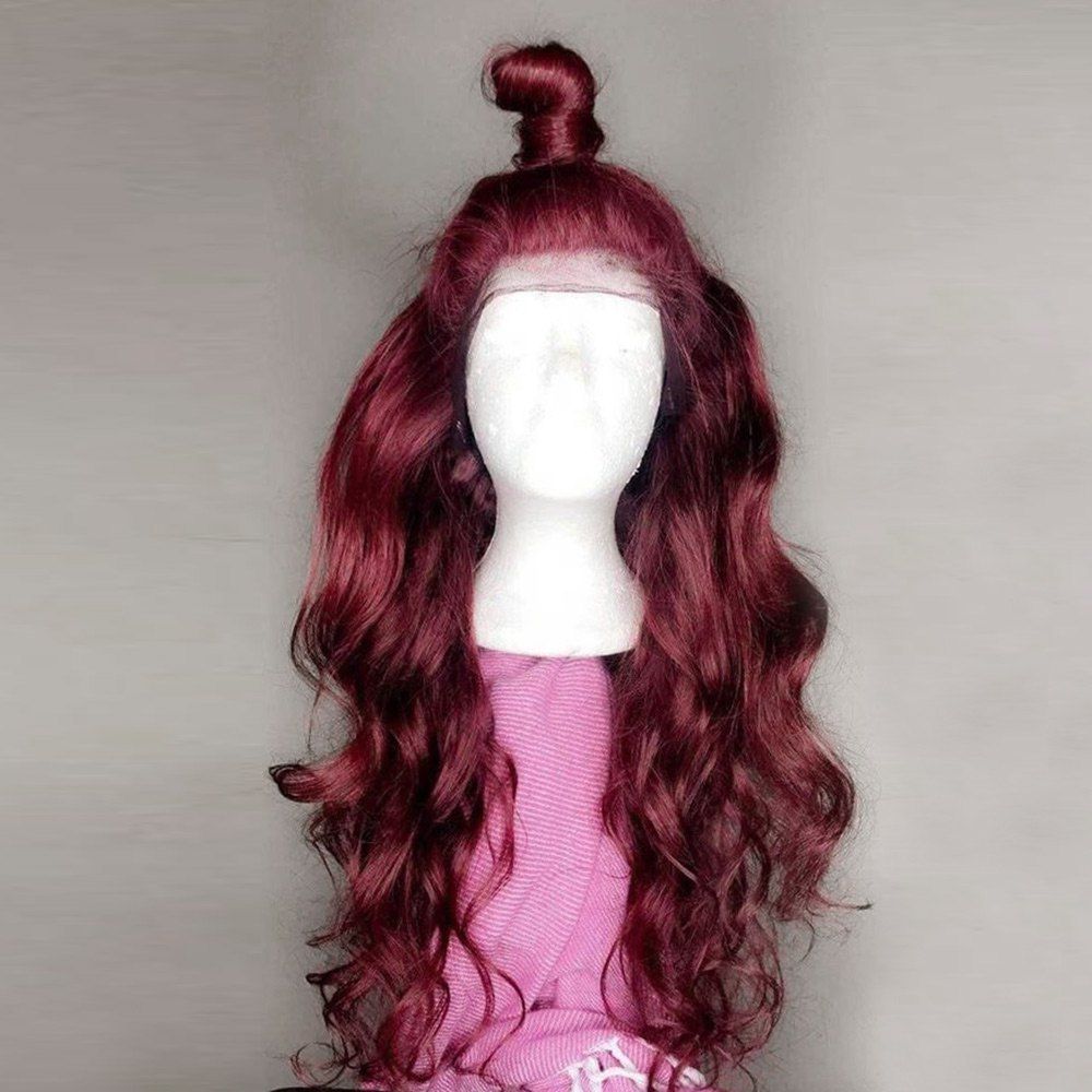 

Long Free Part Fluffy Body Wave Lace Front Synthetic Wig, Wine red