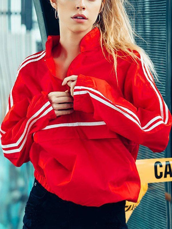 

Long Sleeve Striped Zipper Jacket, Red