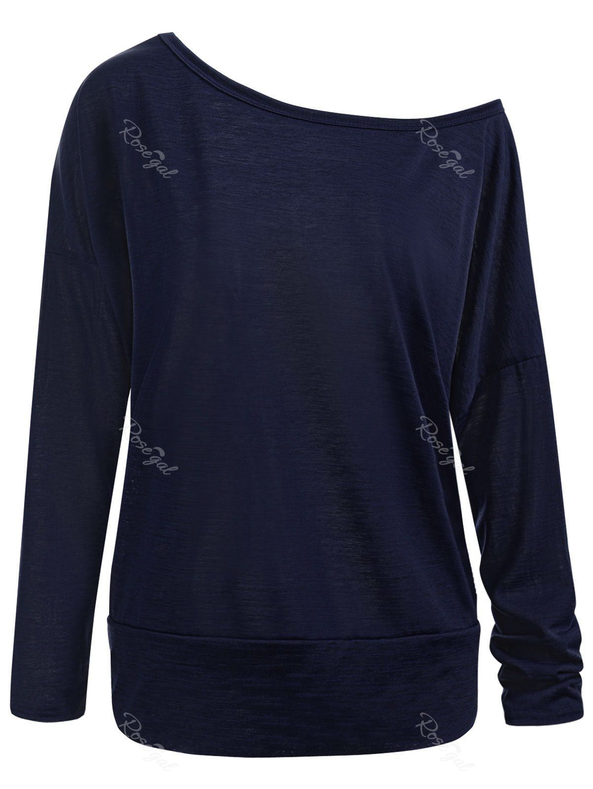 

Plus Size Skew Neck Long Sleeve Basic T-shirt, Blue
