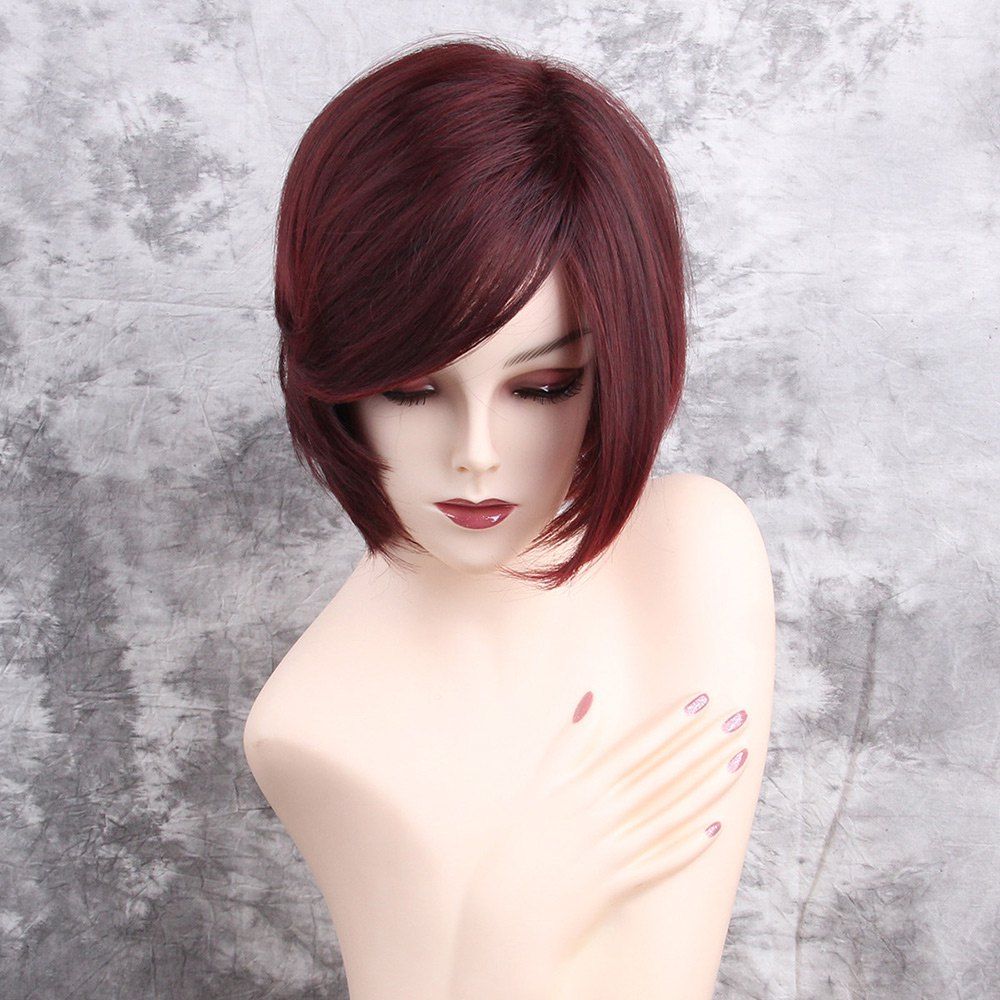

Inclined Bang Short Straight Synthetic Wig, Wine red