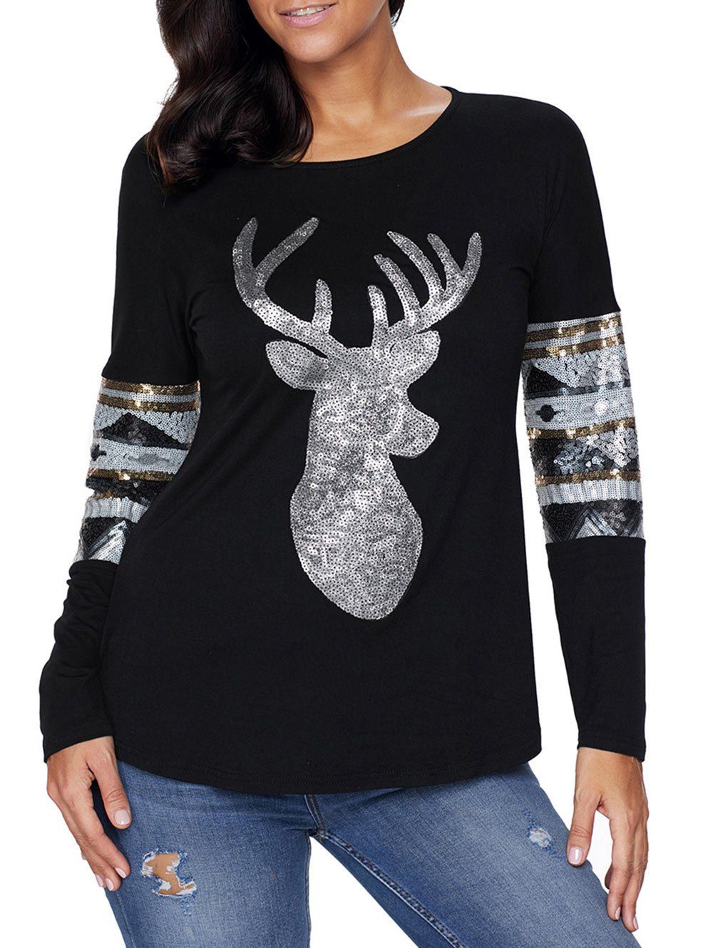 

Christmas Sequin Deer Patterned Long Sleeve Top, Black