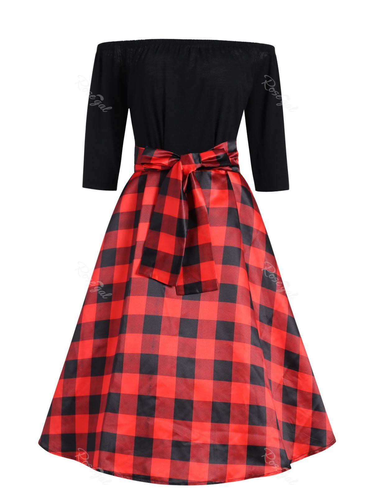 

Plus Size Off The Shoulder Checked Vintage Dress, Red with black