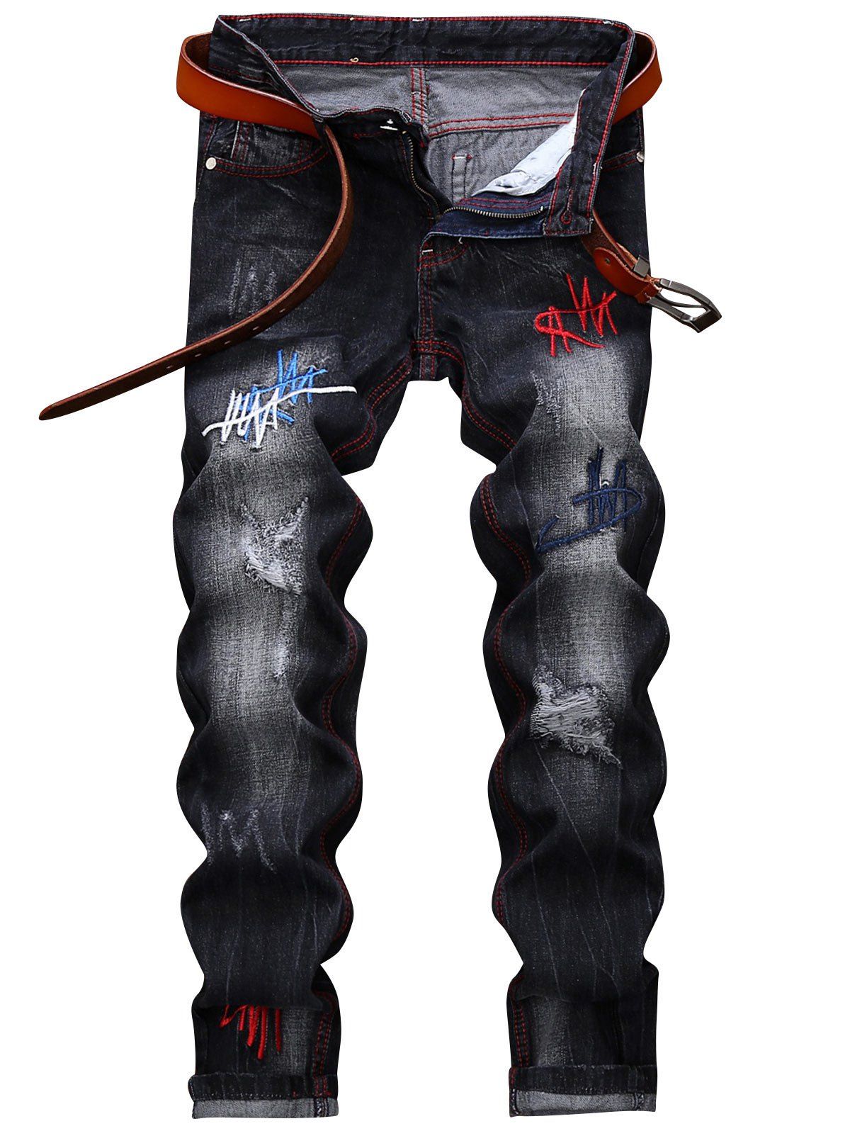 

Straight Leg Embroidered Distressed Jeans, Black