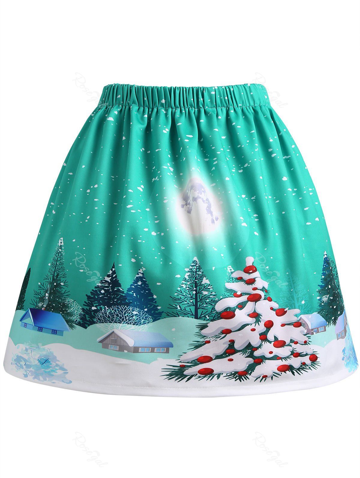 

Christmas Tree Moon House Print Plus Size Skirt, Green