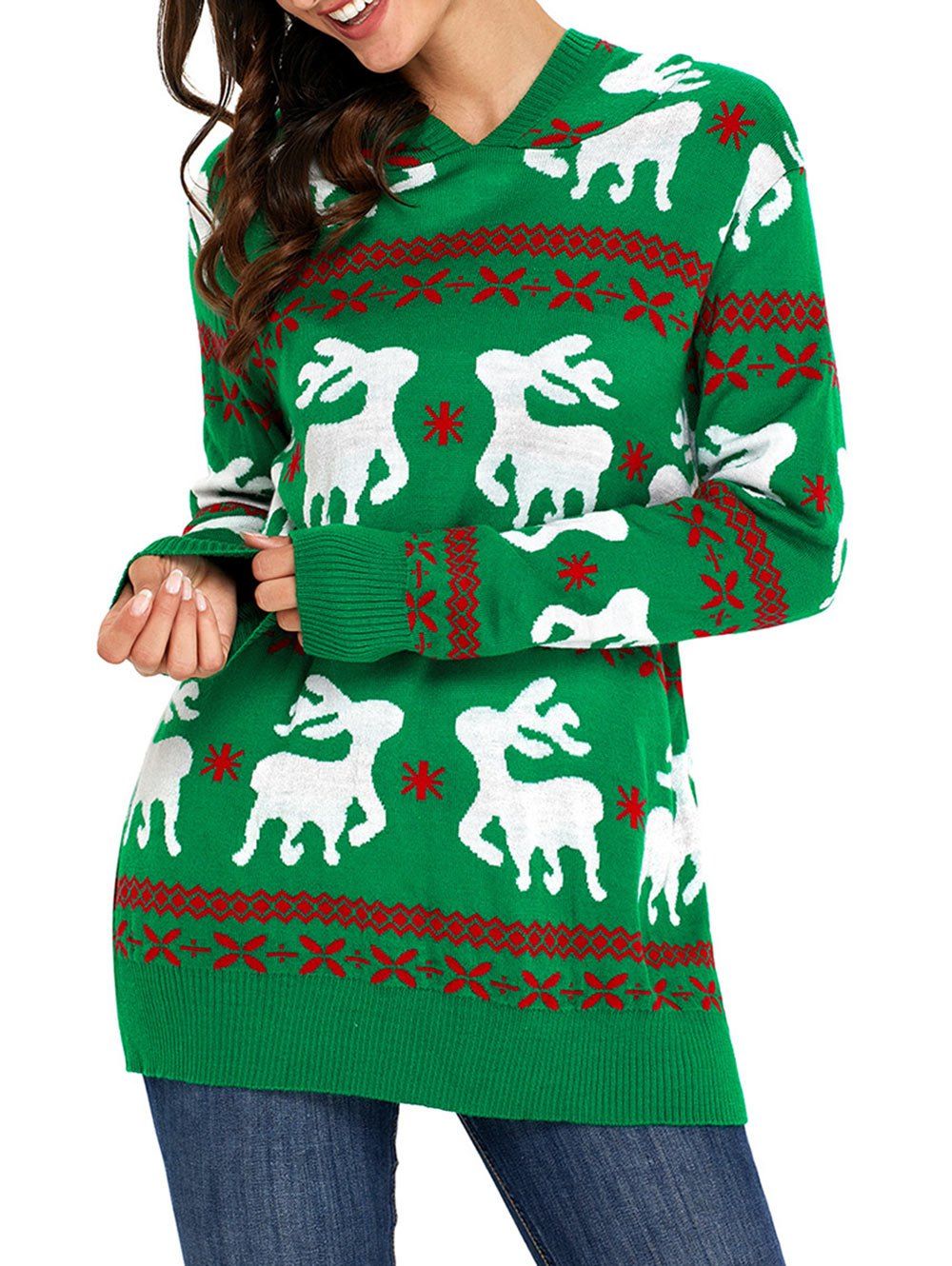 

Christmas Deer Jacquard Hooded Sweater, Green