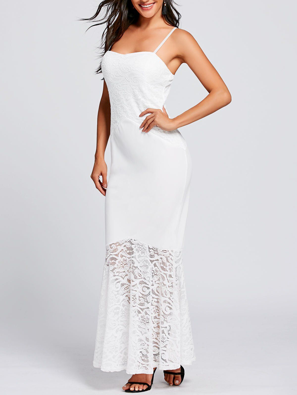 

Long Lace Insert Fitted Tight Mermaid Slip Dress, White