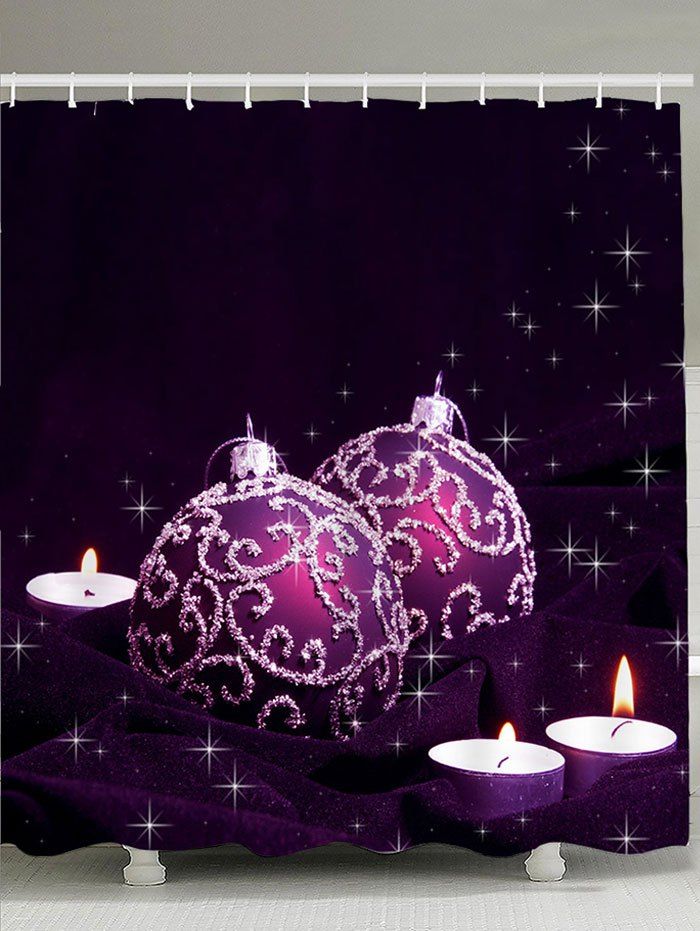 

Waterproof Christmas Balls and Candles Printed Shower Curtain, Purple