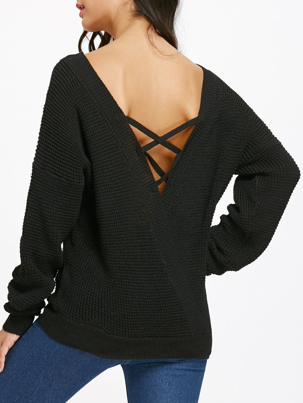 

Criss Cross Backless Drop Shoulder Jumper Sweater, Black