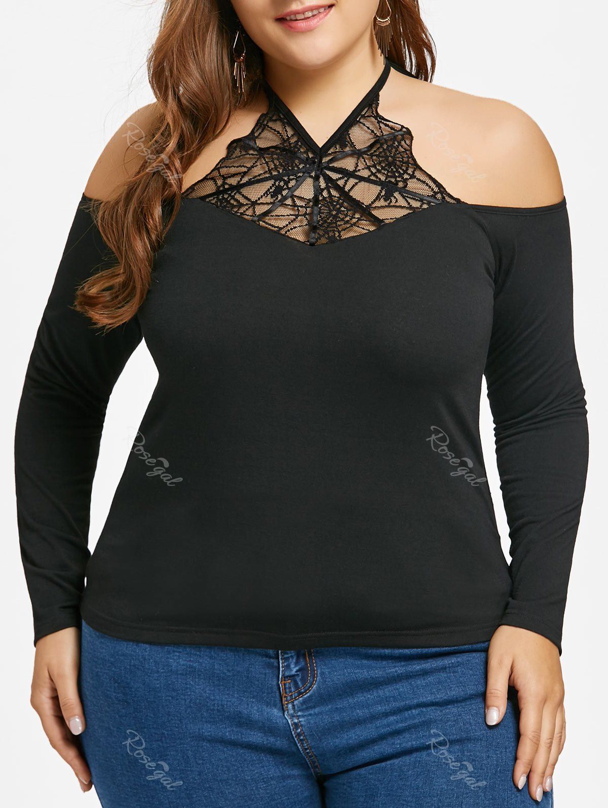 [65% OFF] Plus Size Spider Net Lace Panel Halter Top | Rosegal