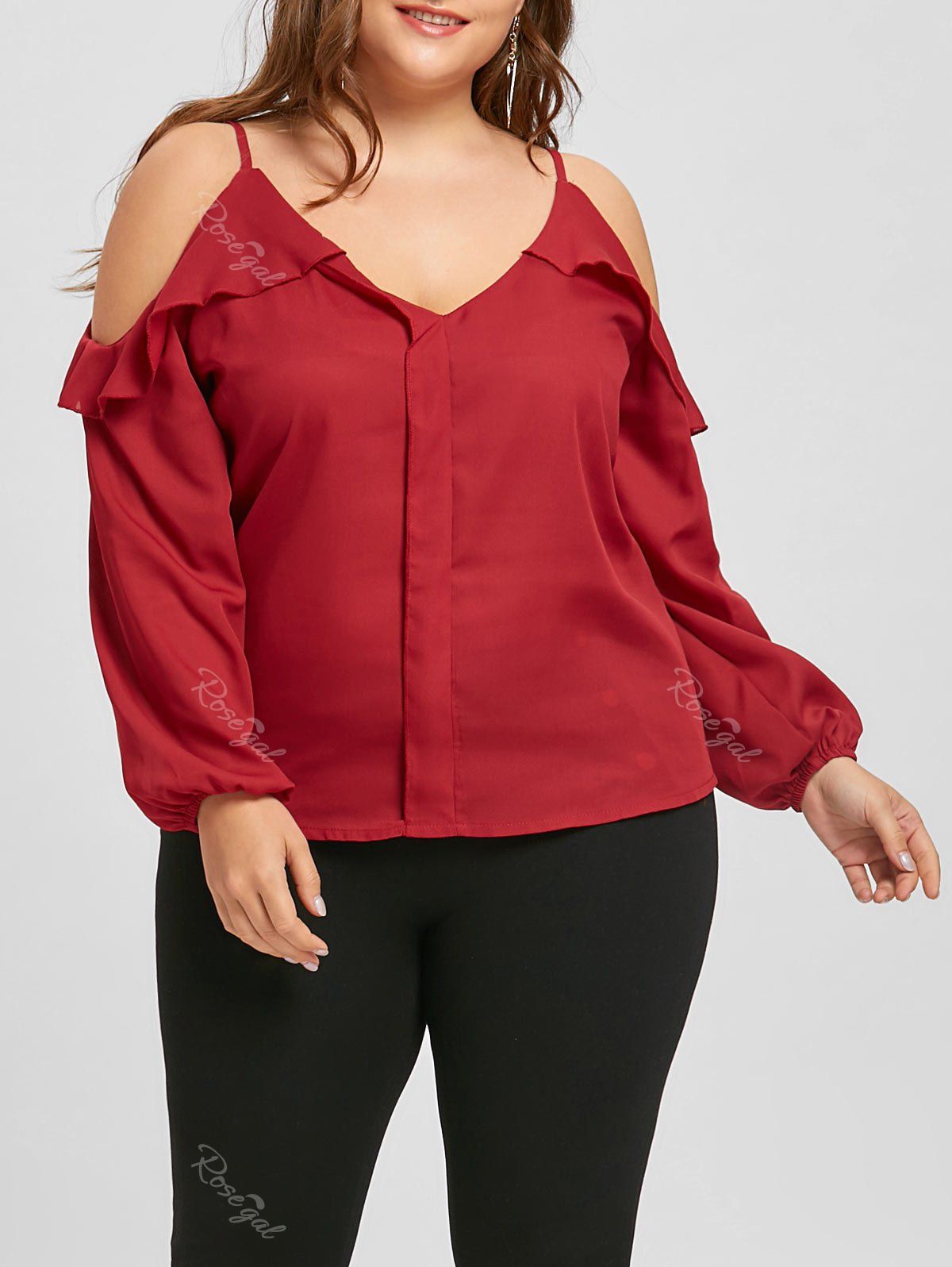 

Plus Size Ruffled Chiffon Long Sleeve Cold Shoulder Top, Red