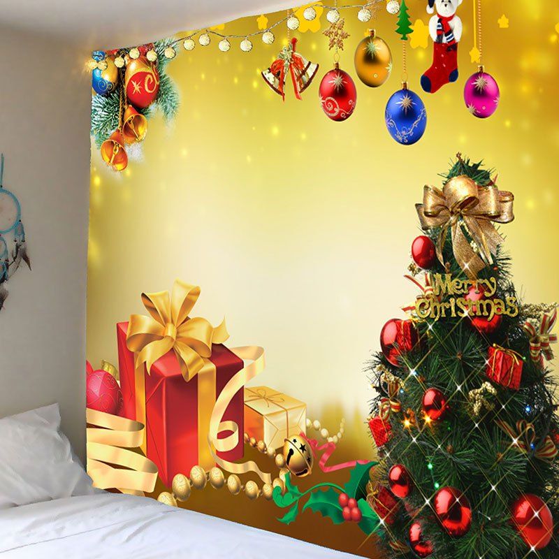 

Christmas Tree Decorations And Gifts Patterned Wall Tapestry, Golden