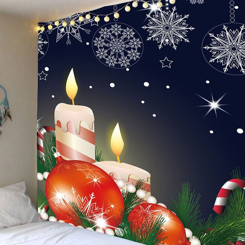 

Christmas Candles Candy Cane Balls Printed Tapestry, Red and white and blue