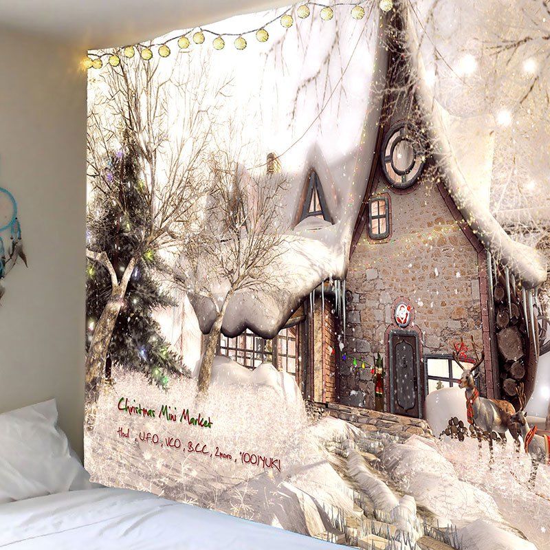 

Christmas White Snow House Printed Wall Art Tapestry, White and brown