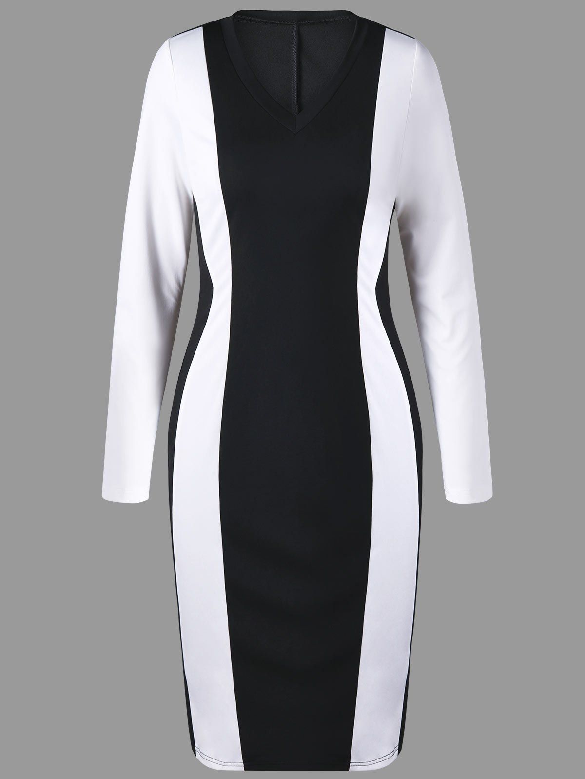 

V Neck Two Tone Pencil Dress, White and black