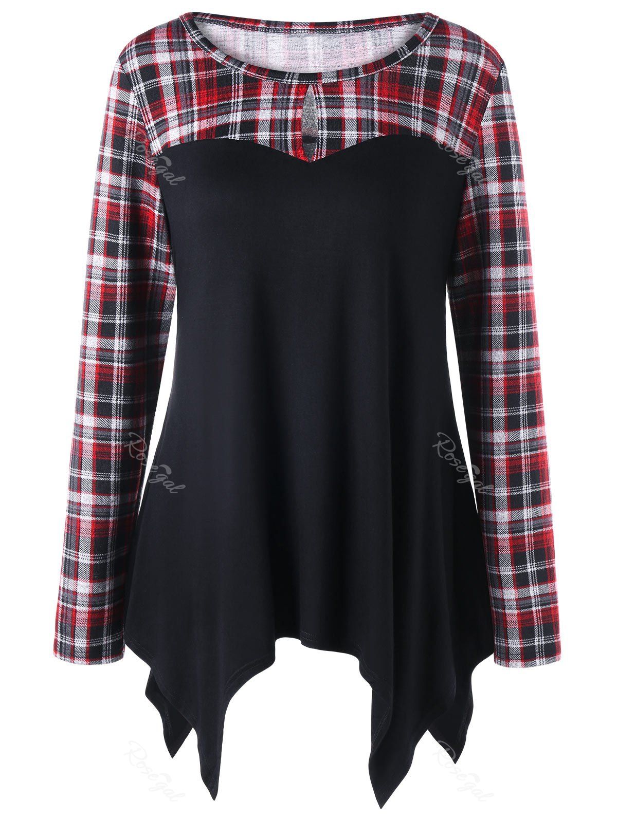 

Plus Size Plaid Keyhole Neck Top, Black