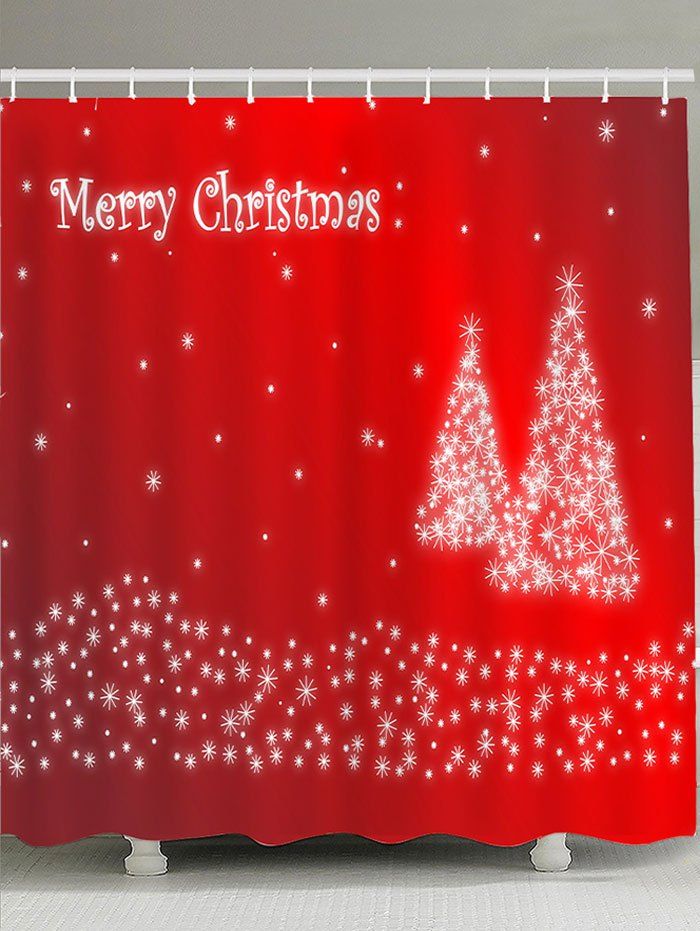 

Waterproof Christmas Snowflake Tree Printed Shower Curtain, Water red