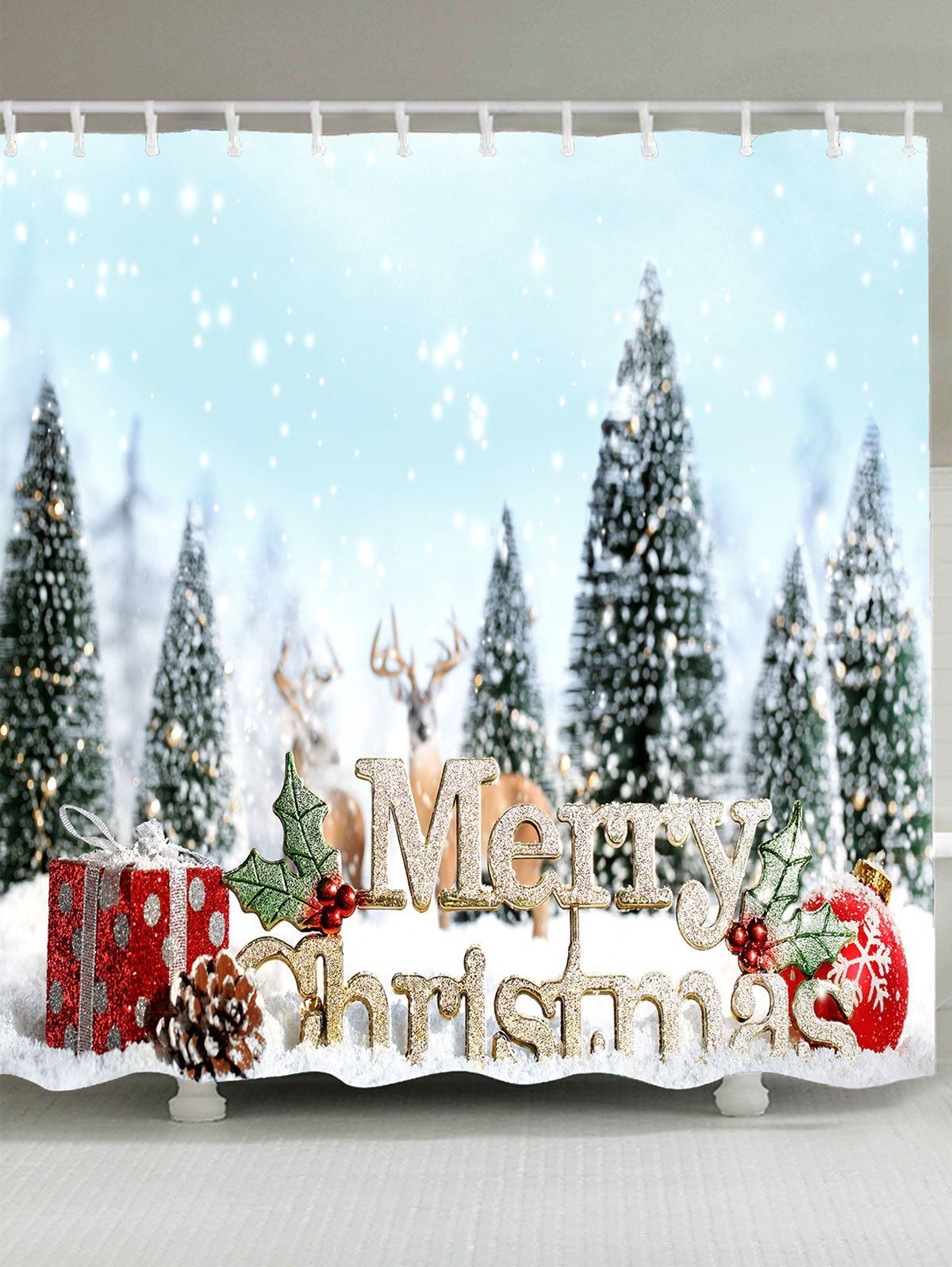 

Snowy Christmas Trees Balls Gifts Patterned Shower Curtain, Cloudy
