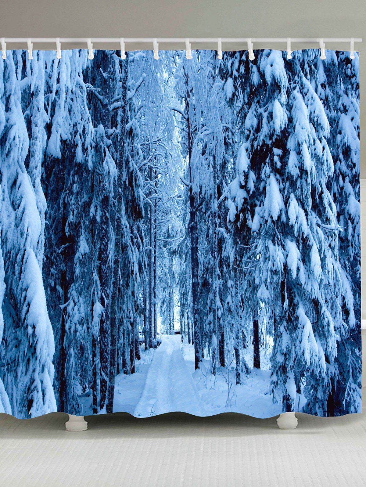 

Waterproof Pine Tree Snowscape Printed Shower Curtain, Blue