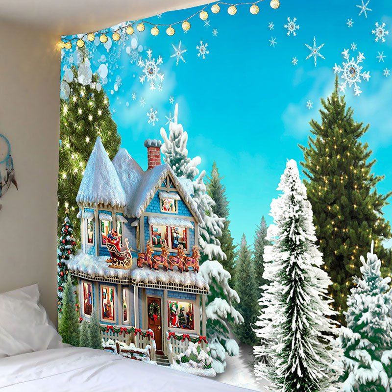 

Christmas House Trees Snowflakes Print Wall Tapestry, Blue and green
