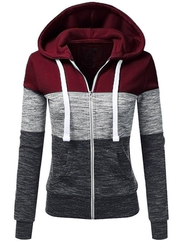 

Color Block Zip Up Drawstring Hoodie, Wine red