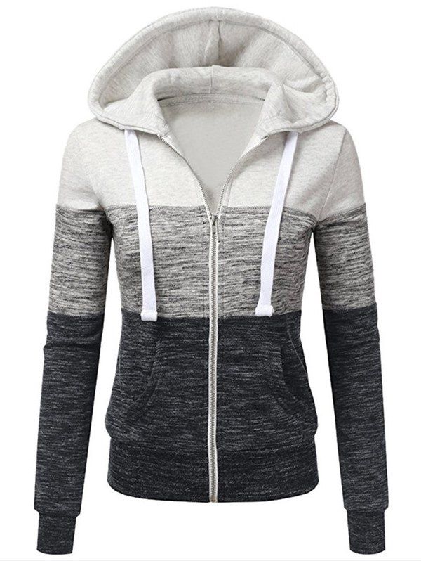 

Color Block Zip Up Drawstring Hoodie, White