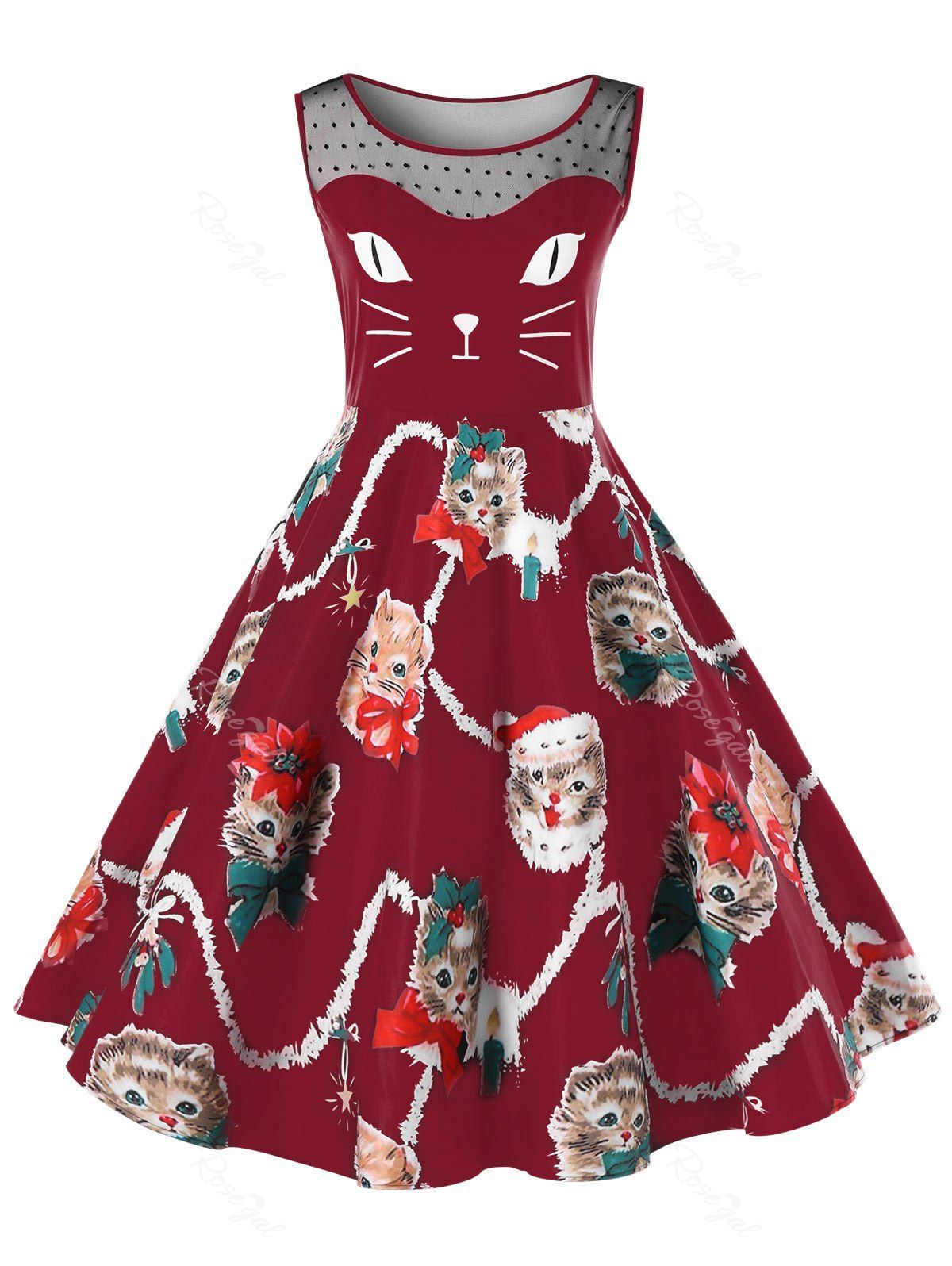 

Christmas Plus Size Kitten Pattern Swing Dress, Deep red