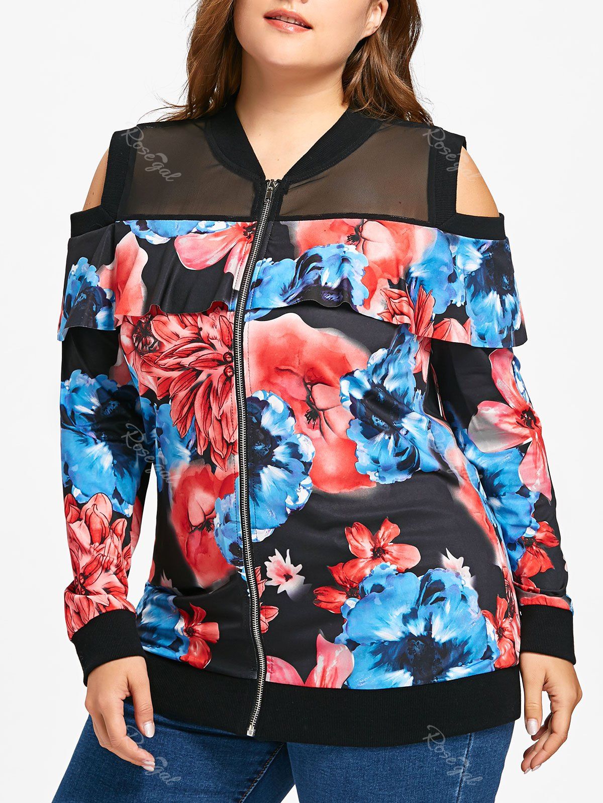 

Plus Size Floral Print Cold Shoulder Jacket