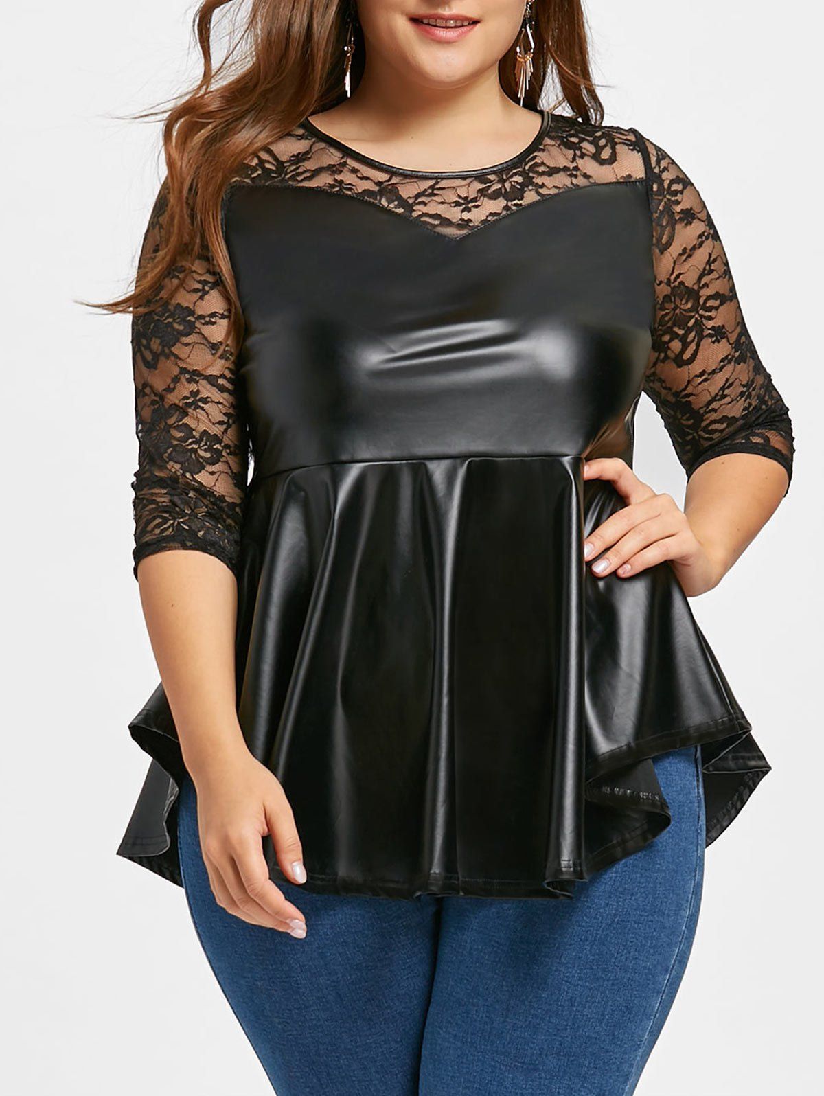 

Plus Size PU Leather Lace Yoke Peplum Top, Black