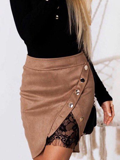 

Button Lace Panel Mini Skirt, Khaki