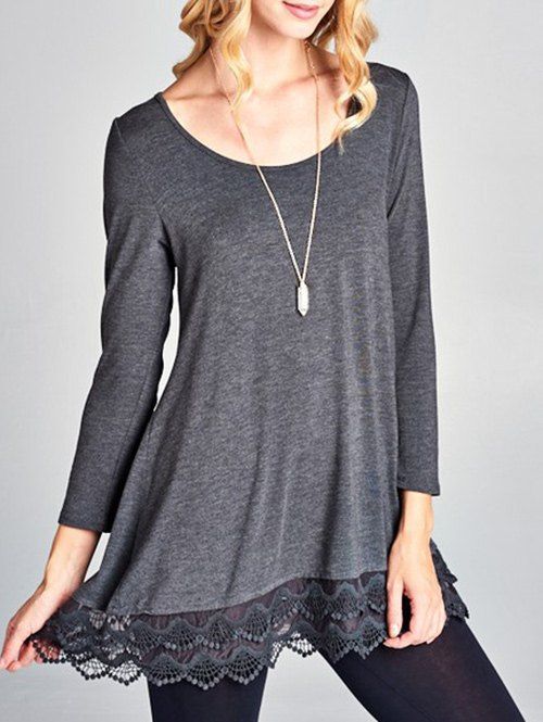 

Scoop Neck Lace Panel T-shirt, Deep gray