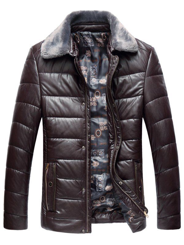 Faux Fur Collar Padded Zip Up Pu Leather Coat