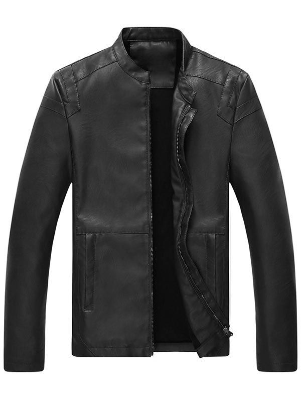 [66% OFF] Zip Up Mandarin Collar Faux Leather Jacket | Rosegal