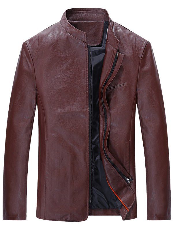 

Grandad Collar Full Zip Faux Leather Jacket, Wine red