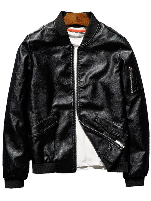 

Faux Leather Bomber Jacket with Sleeve Pocket, Black