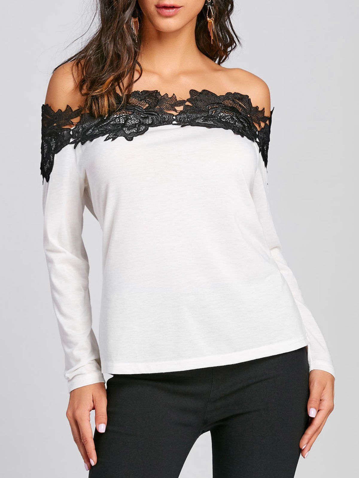 

Color Block Lace Trim Off Shoulder Blouse, White