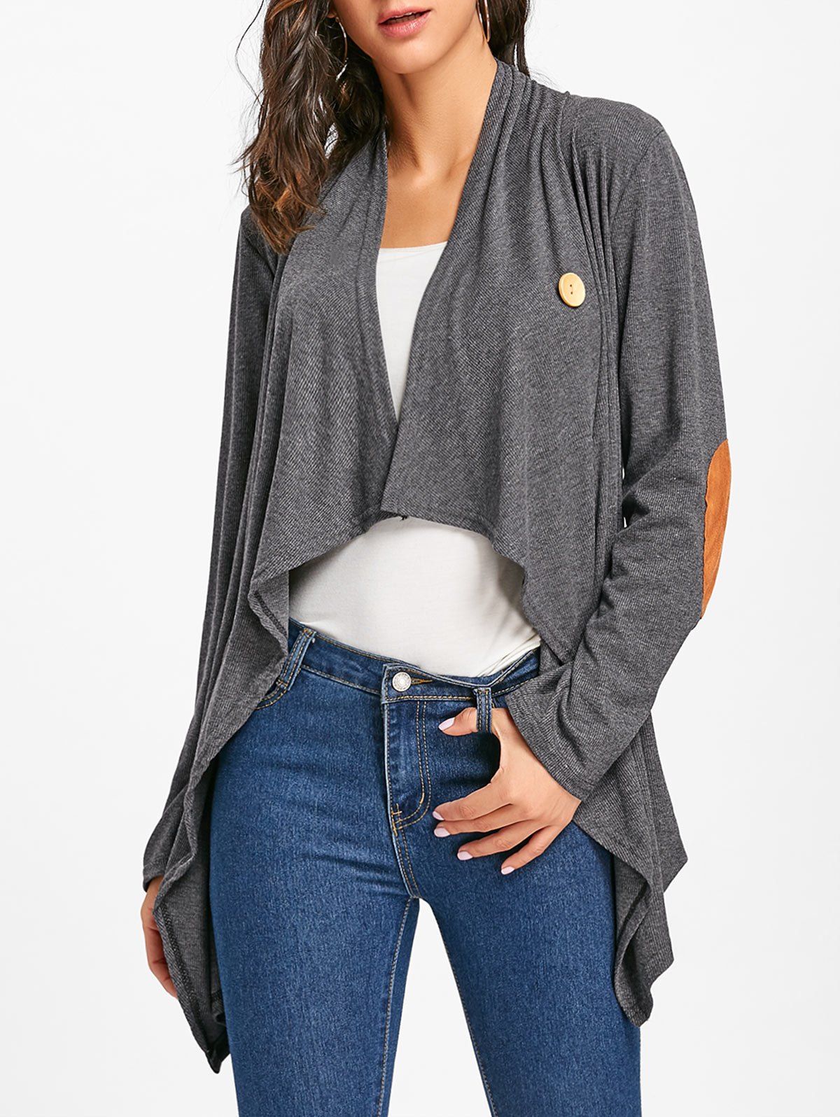 

Elbow Patch Asymmetric Cardigan, Gray