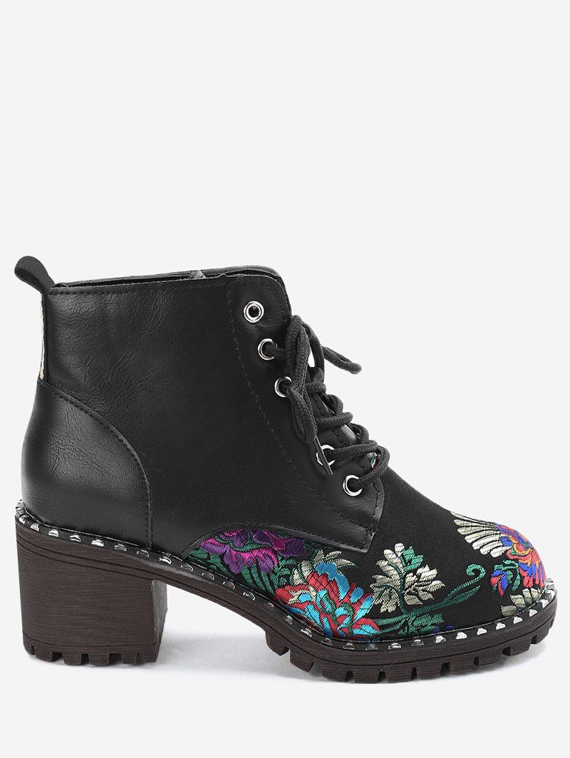 

Embroidery Chunky Heel Lace Up Boots, Black