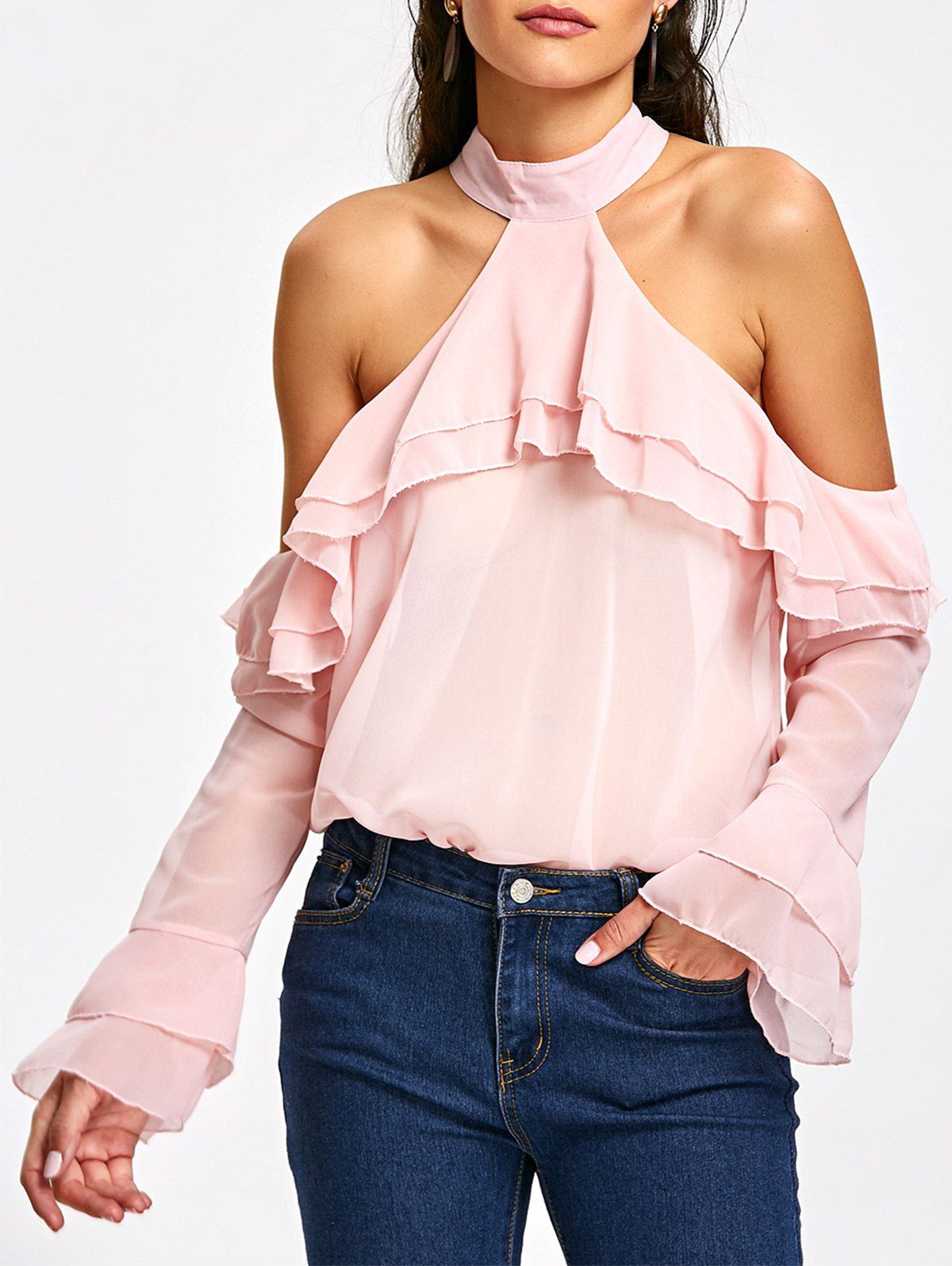 

Layered Ruffle Cold Shoulder Blouse, Light pink