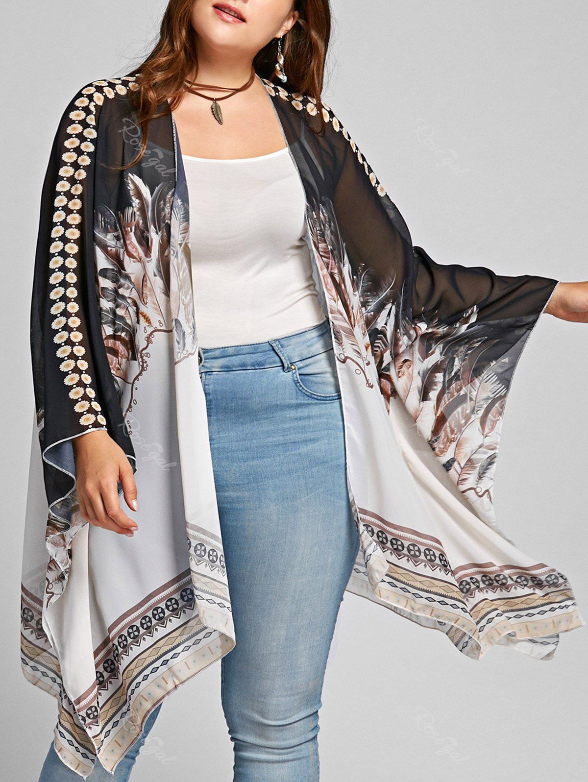 

Feather Print Open Front Plus Size Poncho Coat, Colormix