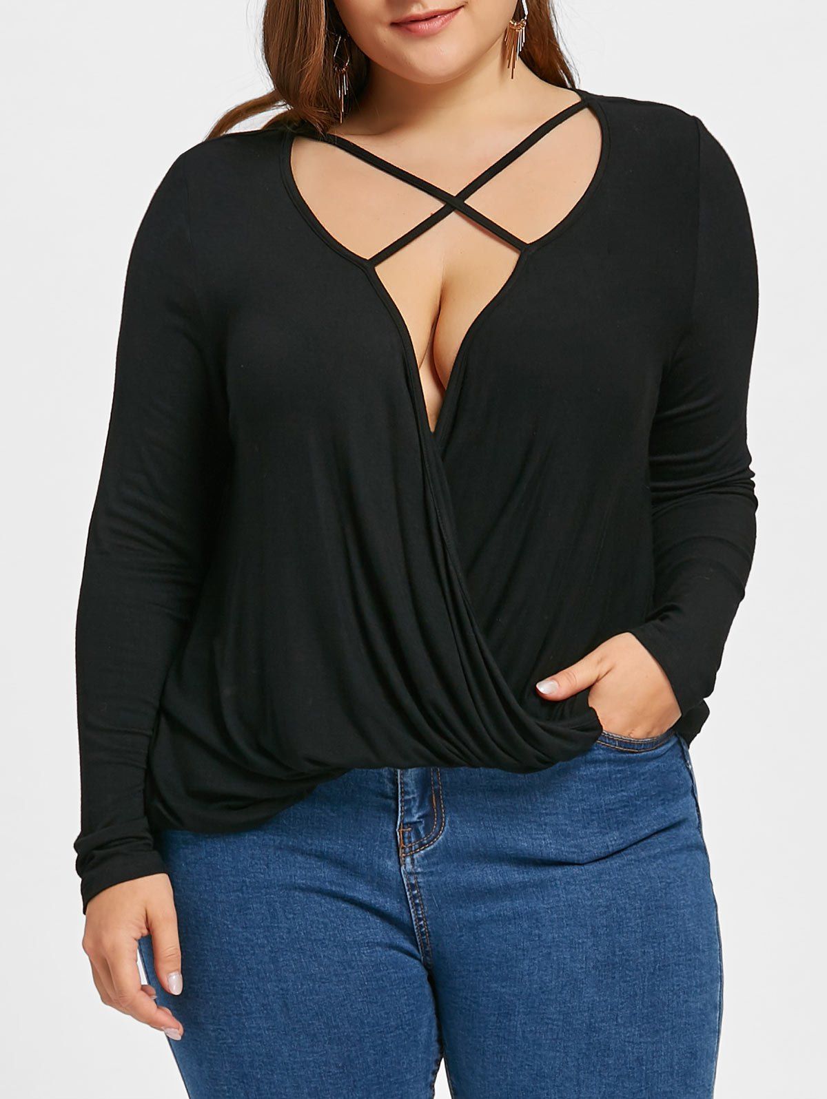 

Plus Size Lattice Plunging Neck Crossover Top, Black