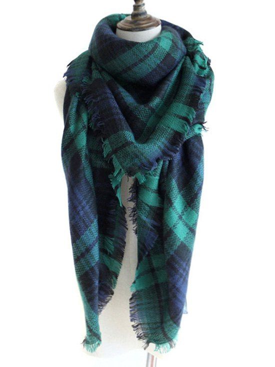 

Outdoor Checked Pattern Artificial Wool Fringed Shawl Scarf, Deep green