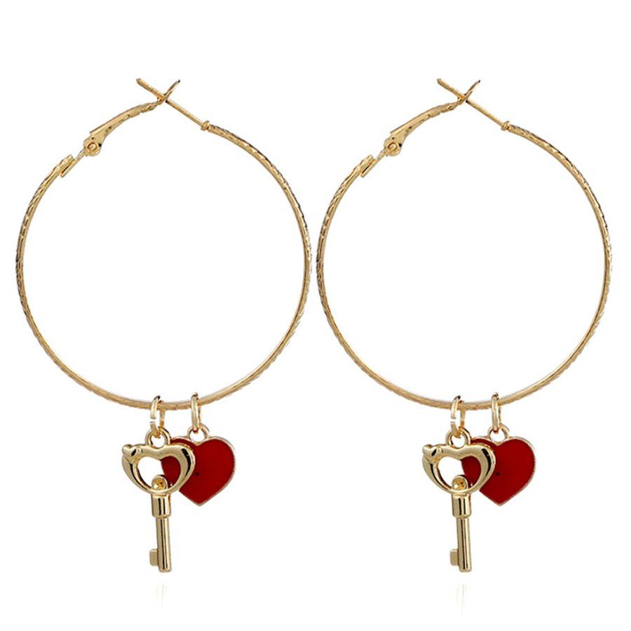 

Heart Key Hoop Drop Earrings, Red