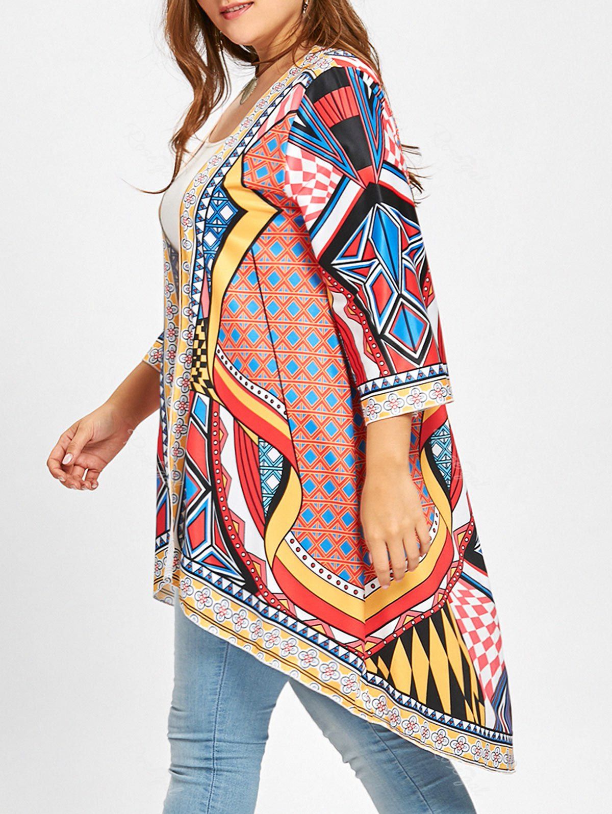 

Plus Size Ethnic Geometric High Low Duster Coat, Colormix