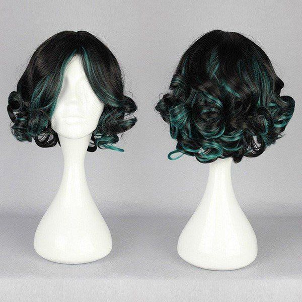 

Short Side Bang Highlighted Fluffy Curly Synthetic Wig, Black and green