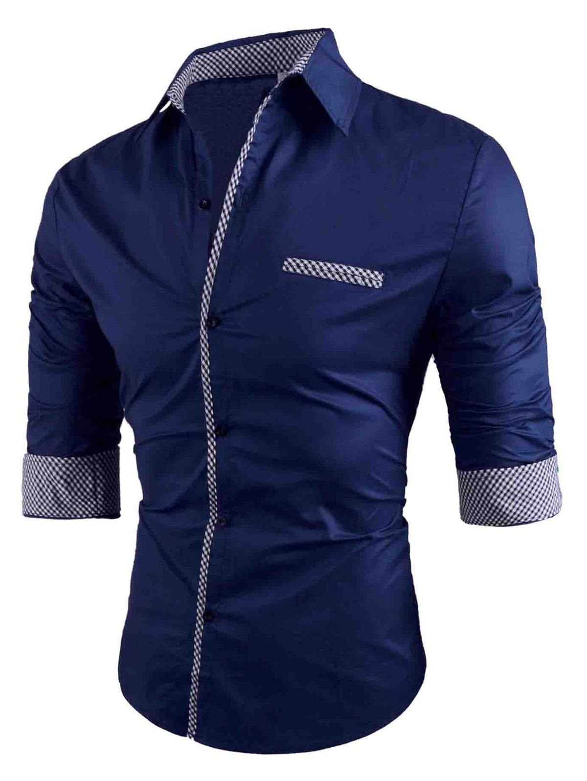 

Button Up Plaid Trim Long Sleeve Shirts, Blue